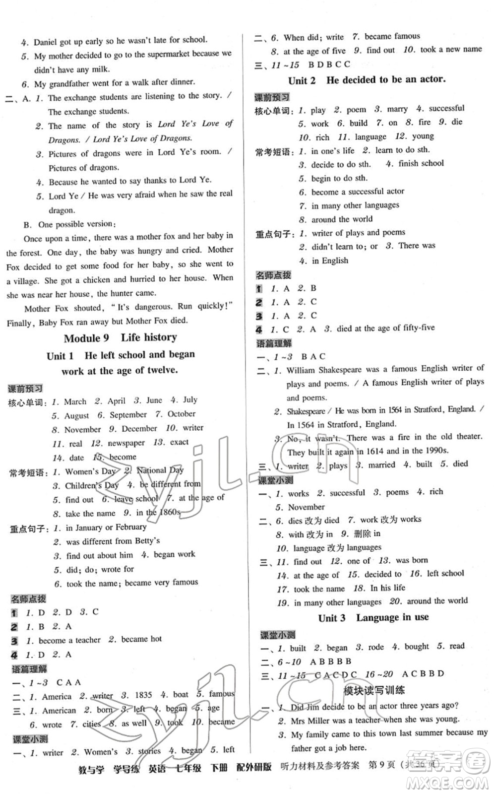 安徽人民出版社2022教與學(xué)學(xué)導(dǎo)練七年級英語下冊外研版答案