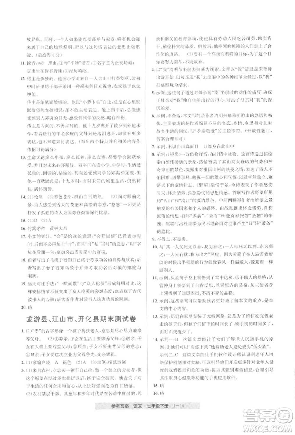 寧波出版社2022期末直通車七年級(jí)下冊(cè)語(yǔ)文人教版參考答案