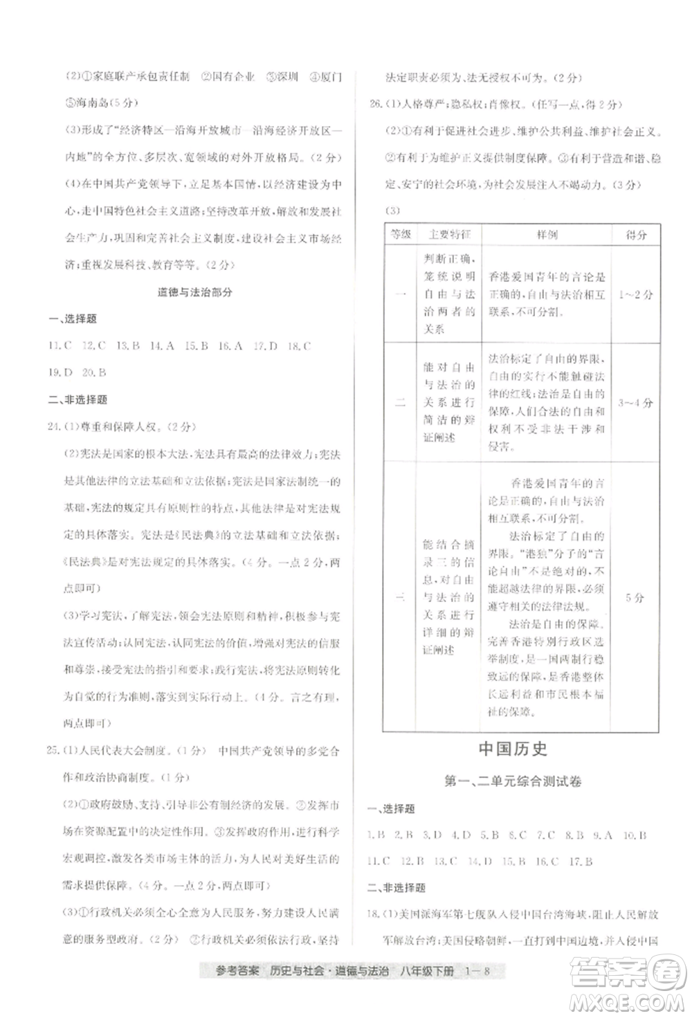 寧波出版社2022期末直通車八年級(jí)下冊(cè)道德與法治人教版參考答案