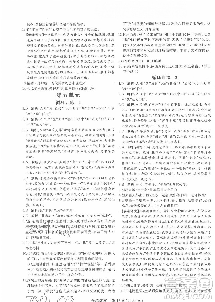 新疆建設(shè)兵團出版社2022課堂過關(guān)循環(huán)練語文七年級下冊人教版濟南專用答案