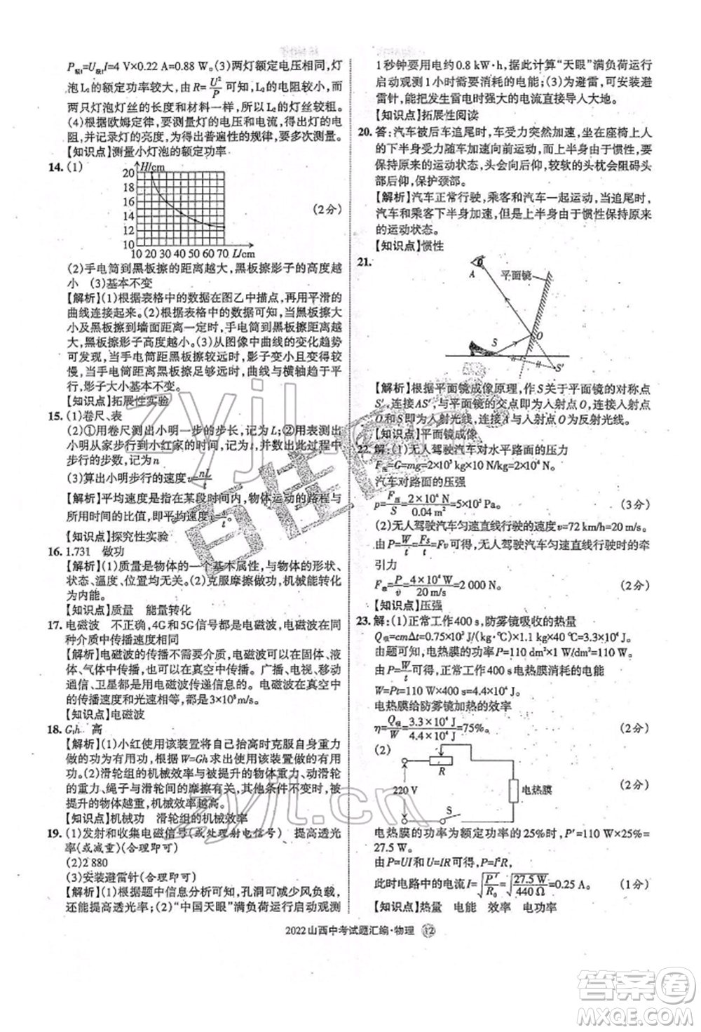 學習周報社2022山西中考試題匯編物理人教版參考答案