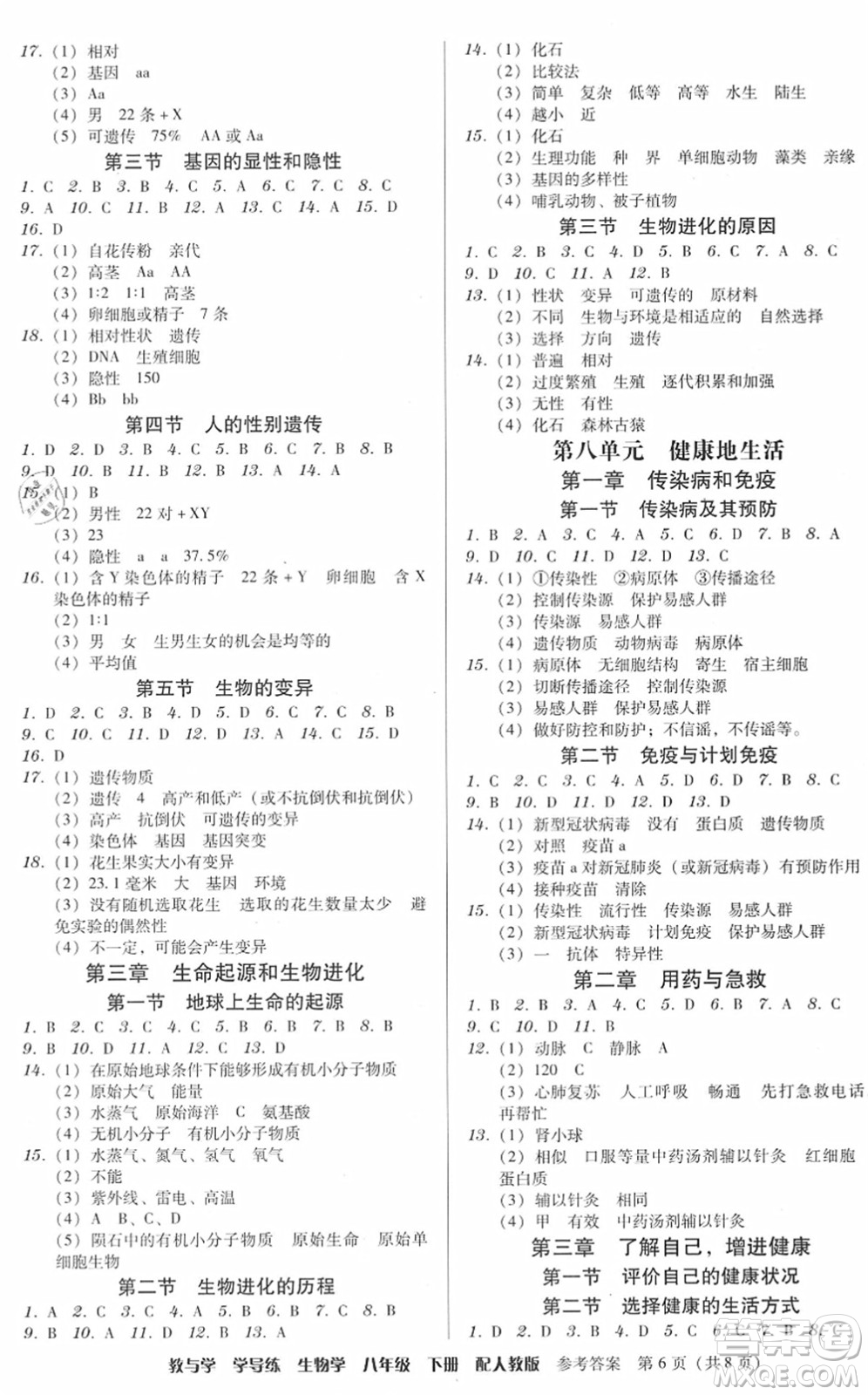 安徽人民出版社2022教與學(xué)學(xué)導(dǎo)練八年級(jí)生物下冊(cè)人教版答案