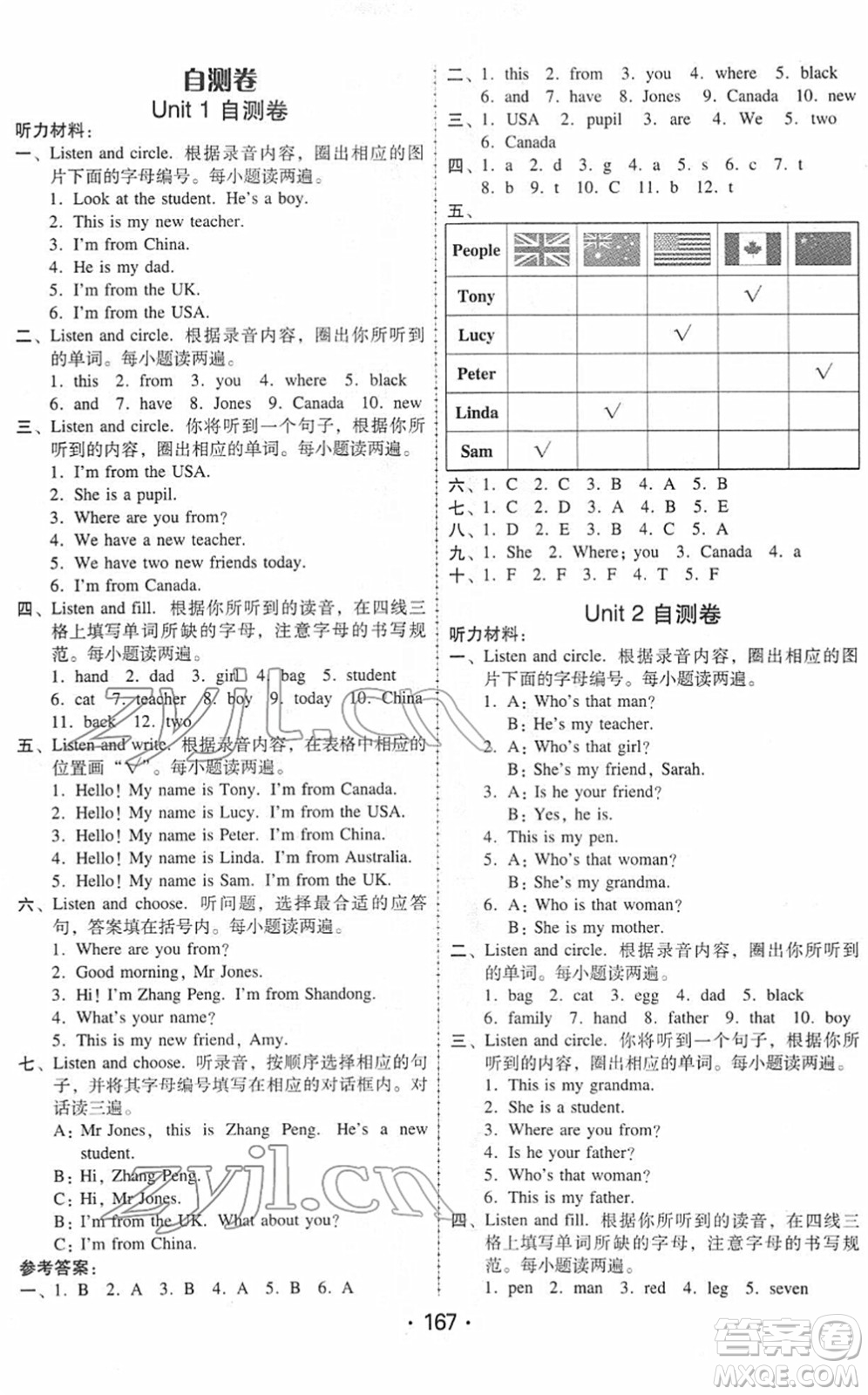 安徽人民出版社2022教與學(xué)課時(shí)學(xué)練測(cè)三年級(jí)英語(yǔ)下冊(cè)人教PEP版答案