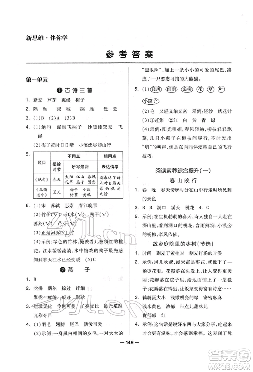 山東科學(xué)技術(shù)出版社2022新思維伴你學(xué)單元達標測試卷三年級下冊語文人教版參考答案