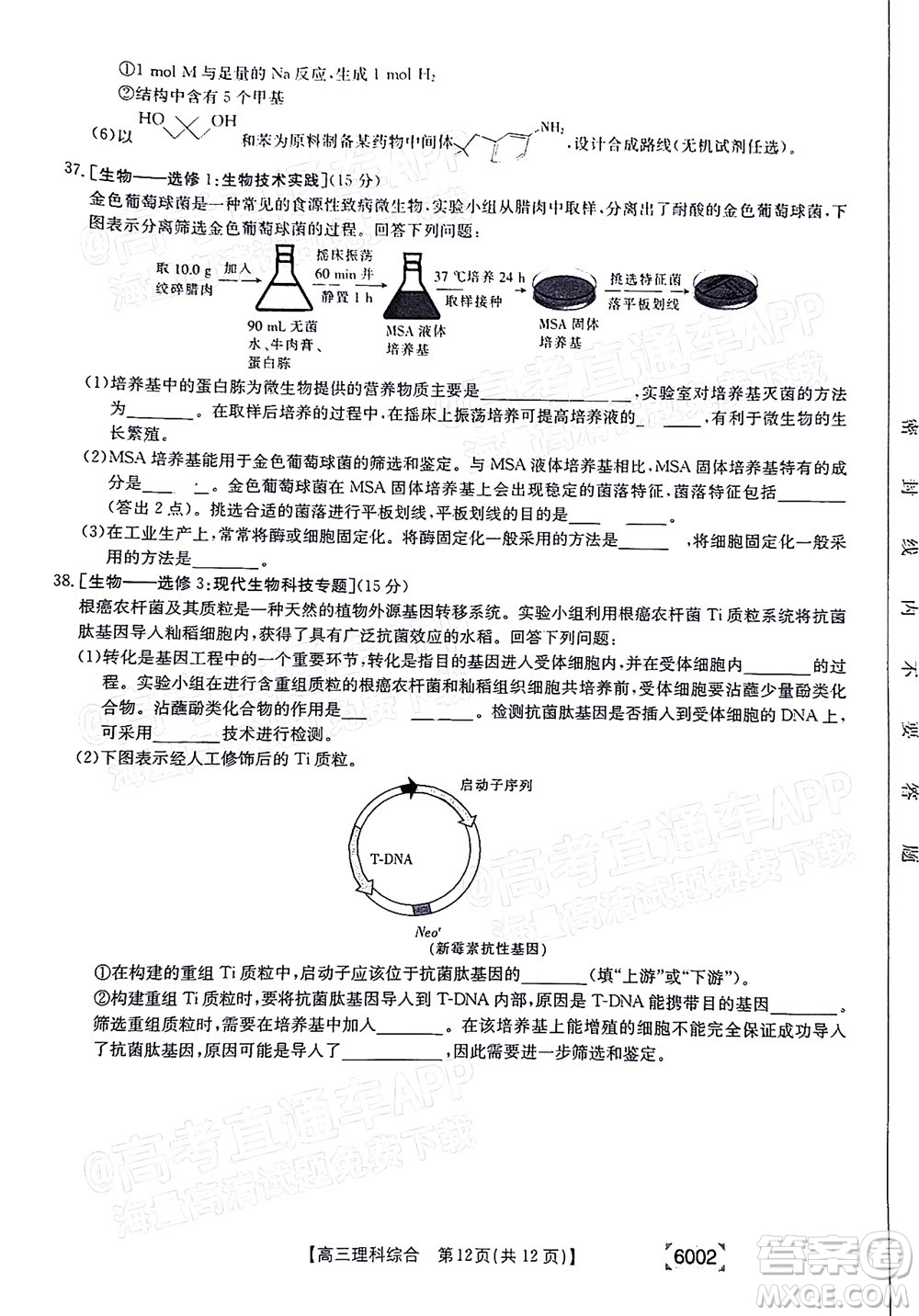 2022年金太陽高三聯(lián)考6002C理科綜合試題及答案