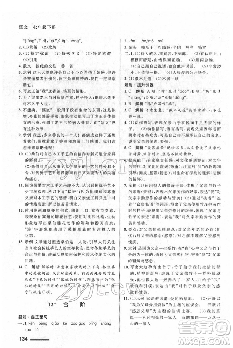 甘肅少年兒童出版社2022配套綜合練習語文七年級下冊人教版答案