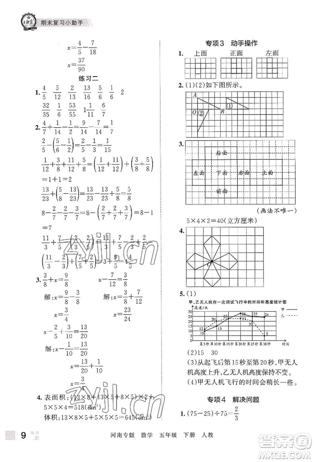 江西人民出版社2022王朝霞各地期末試卷精選五年級下冊數學人教版河南專版參考答案