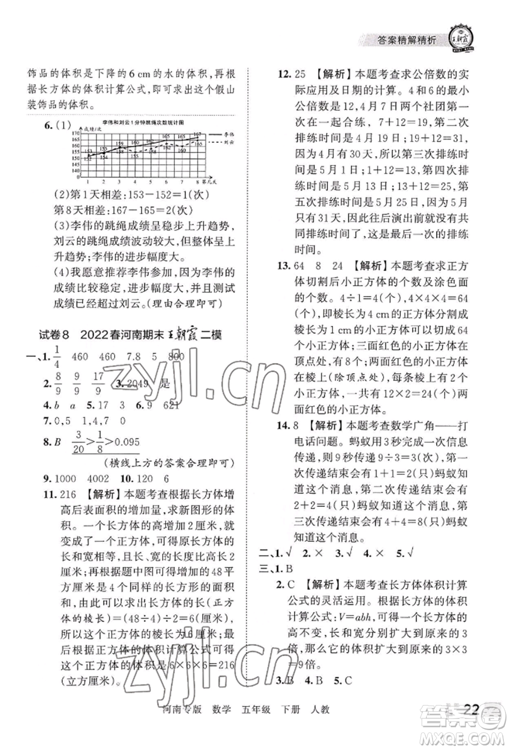 江西人民出版社2022王朝霞各地期末試卷精選五年級下冊數學人教版河南專版參考答案