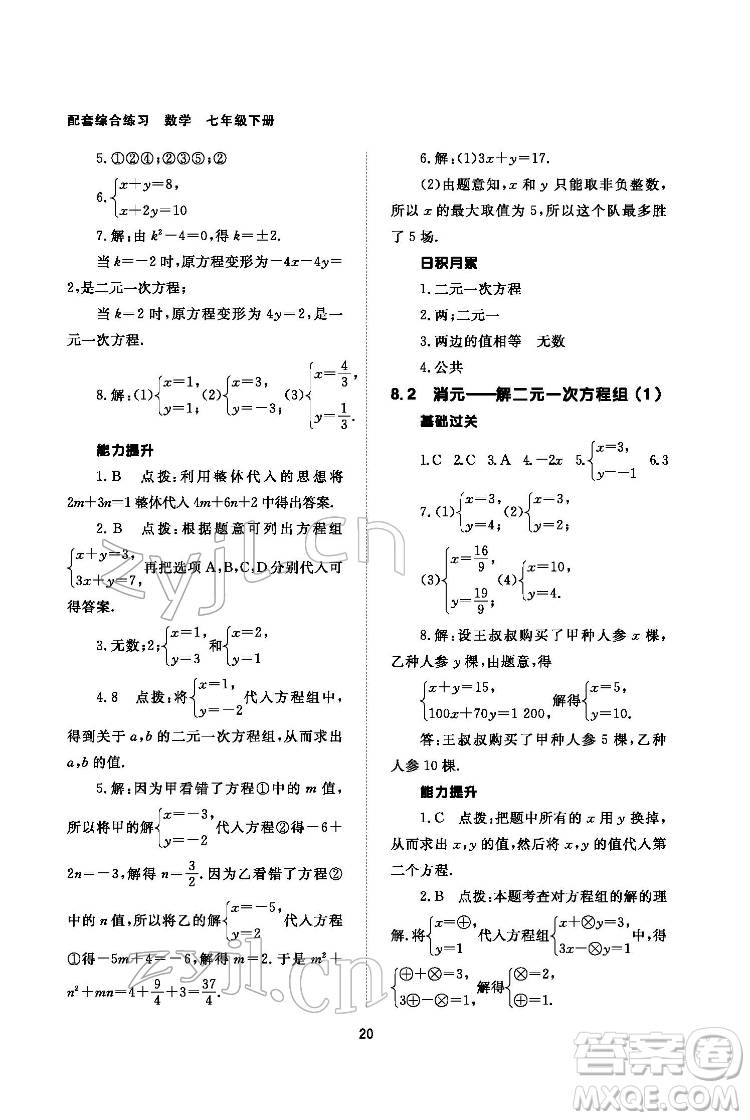 北京師范大學(xué)出版社2022數(shù)學(xué)配套綜合練習(xí)七年級下冊人教版答案