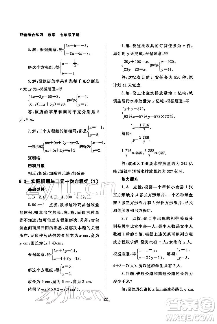 北京師范大學(xué)出版社2022數(shù)學(xué)配套綜合練習(xí)七年級下冊人教版答案