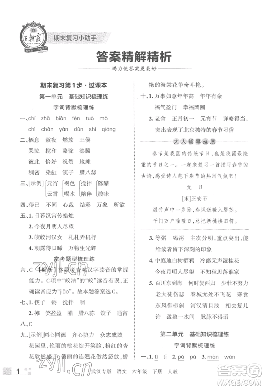 江西人民出版社2022王朝霞期末真題精編六年級(jí)下冊(cè)語(yǔ)文人教版武漢專版參考答案