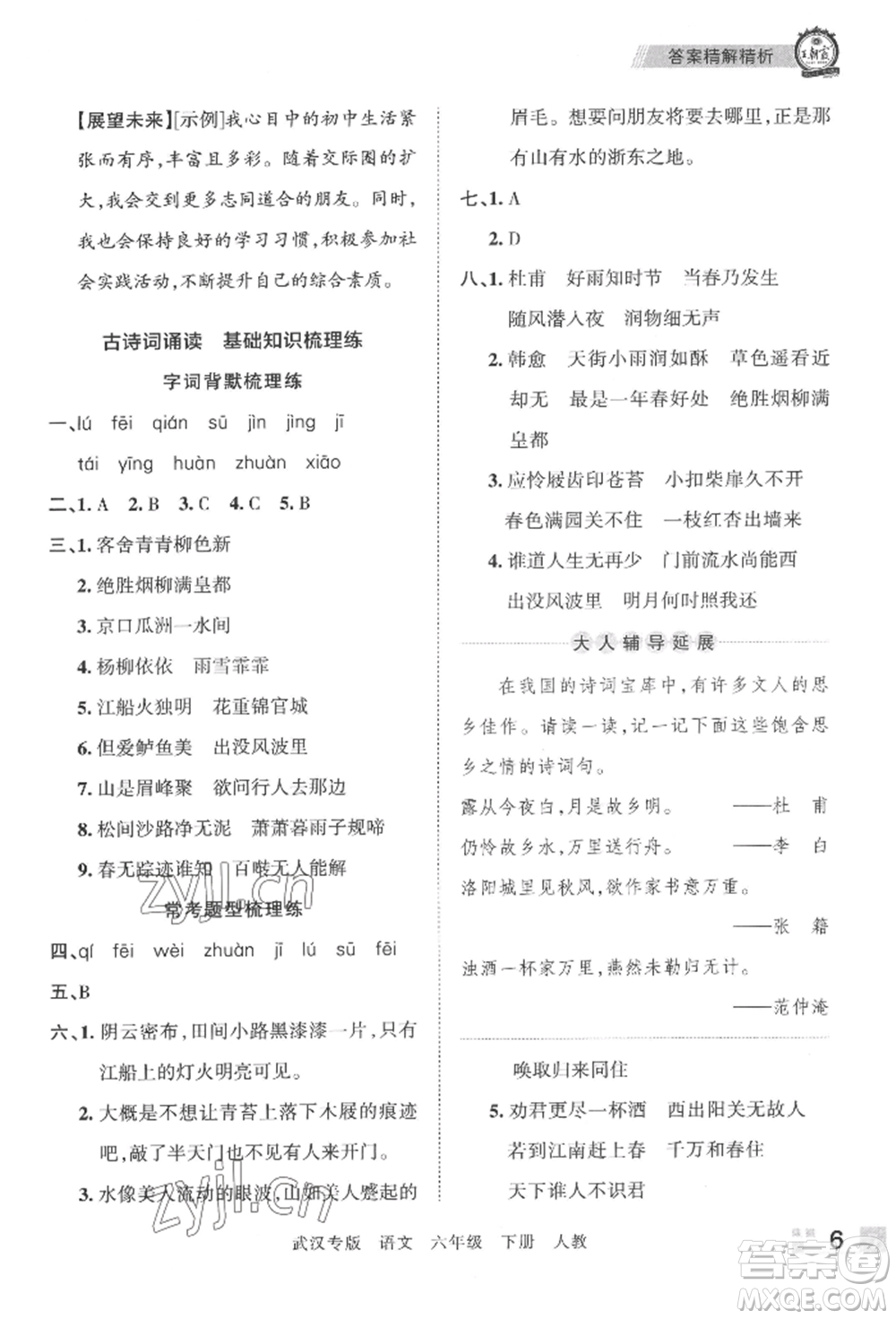 江西人民出版社2022王朝霞期末真題精編六年級(jí)下冊(cè)語(yǔ)文人教版武漢專版參考答案