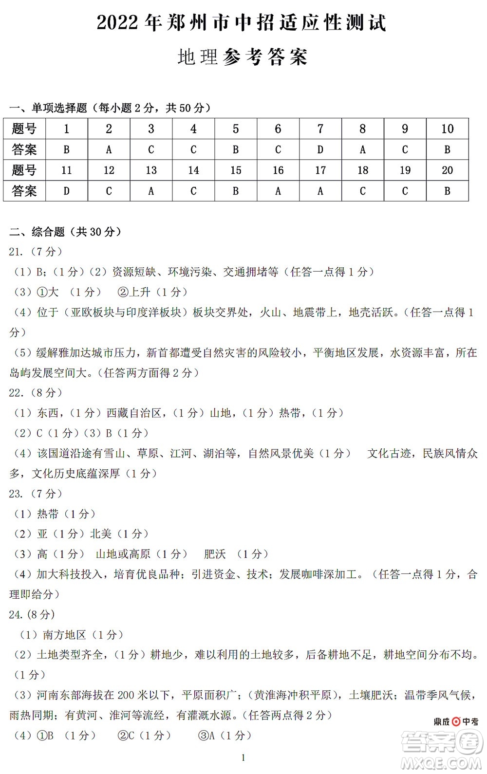 2022年鄭州市中招適應性測試地理試卷及答案