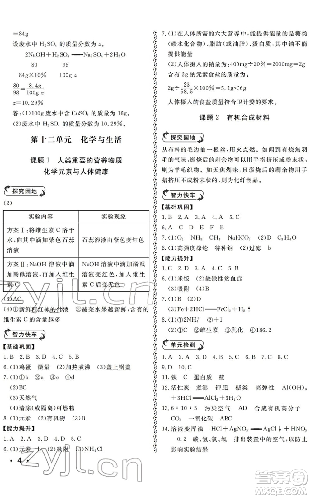 山東人民出版社2022初中卷行知天下九年級化學下冊人教版答案