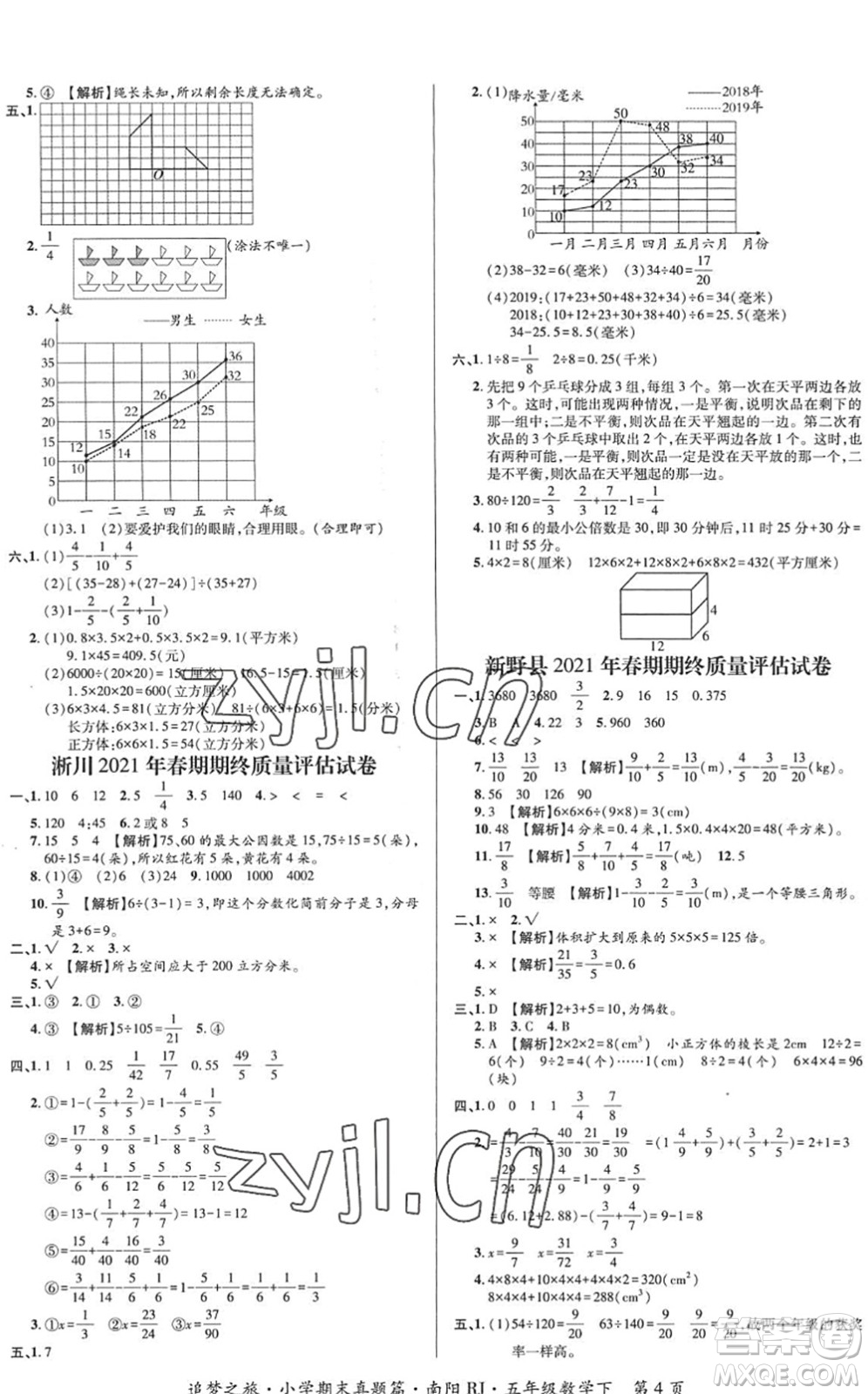 天津科學(xué)技術(shù)出版社2022追夢(mèng)之旅小學(xué)期末真題篇五年級(jí)數(shù)學(xué)下冊(cè)RJ人教版南陽(yáng)專版答案