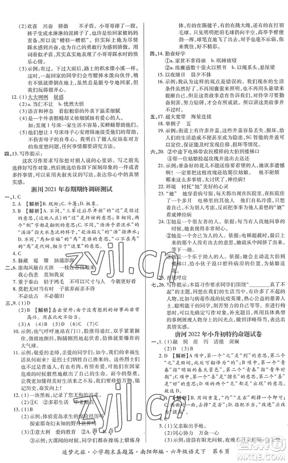 天津科學技術出版社2022追夢之旅小學期末真題篇六年級語文下冊RJ人教版南陽專版答案