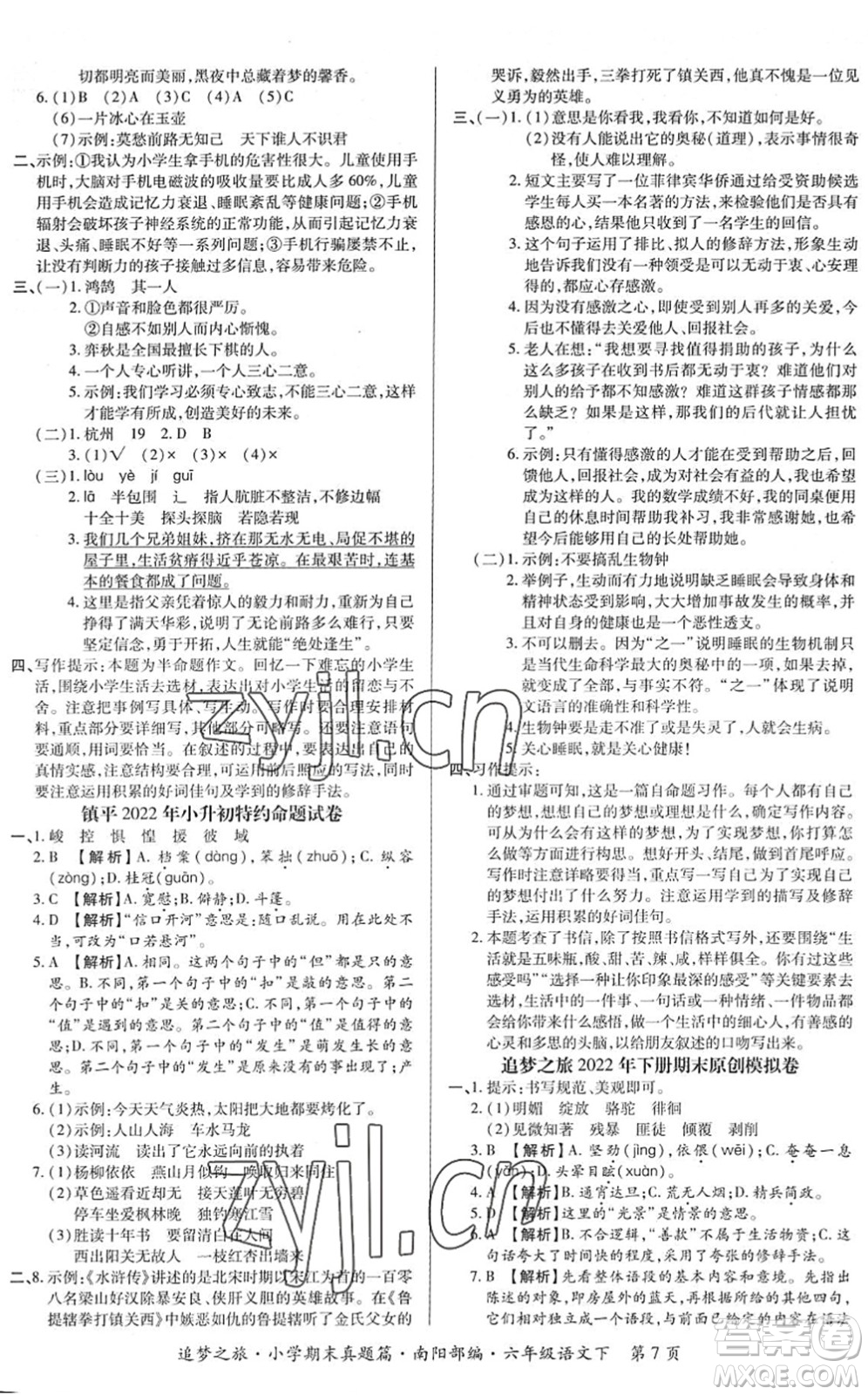 天津科學技術出版社2022追夢之旅小學期末真題篇六年級語文下冊RJ人教版南陽專版答案