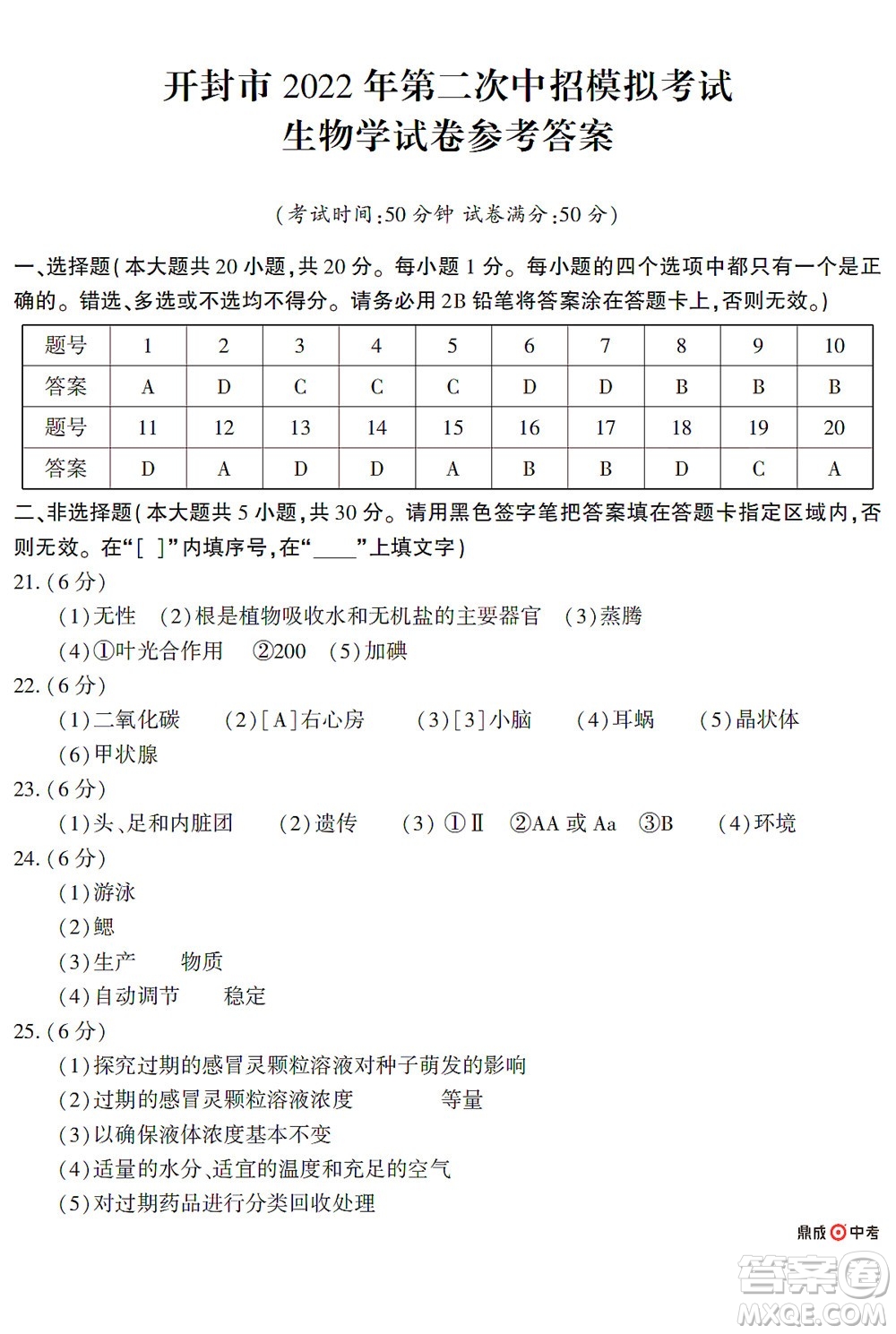 河南開封2022年中招第二次模擬考試生物學(xué)試題及答案