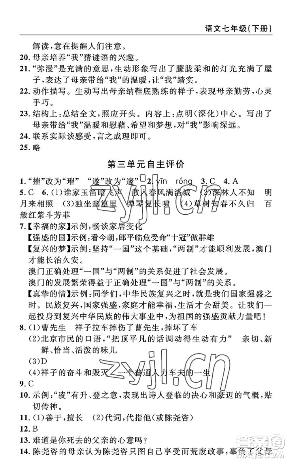 長江少年兒童出版社2022智慧課堂自主評價七年級語文下冊通用版答案