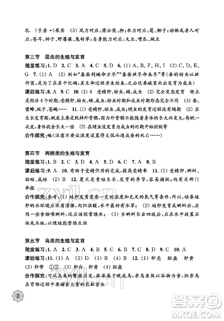 江蘇鳳凰教育出版社2022生物學(xué)配套綜合練習(xí)八年級(jí)下冊(cè)江蘇教育版答案