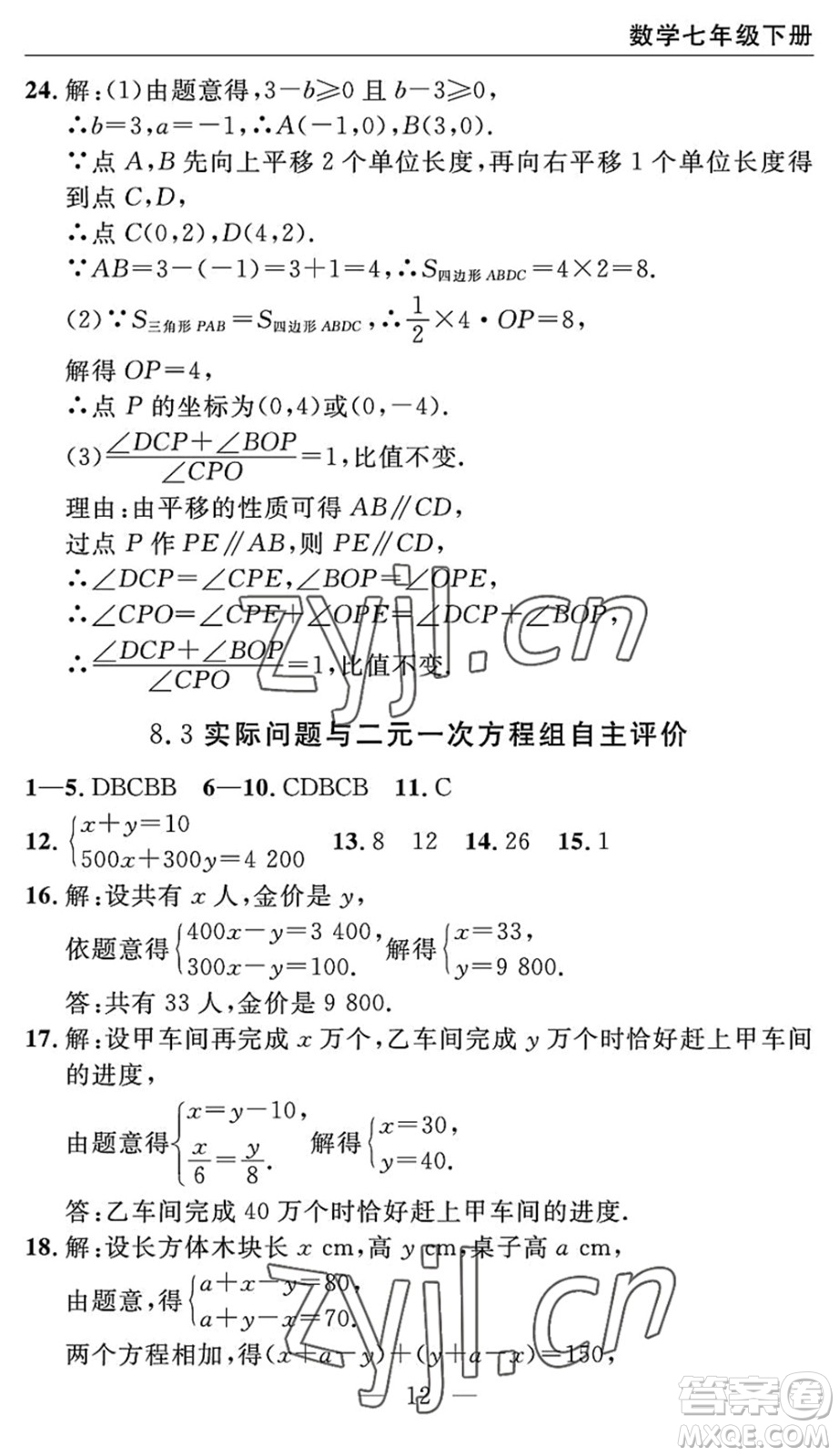 長江少年兒童出版社2022智慧課堂自主評(píng)價(jià)七年級(jí)數(shù)學(xué)下冊通用版宜昌專版答案