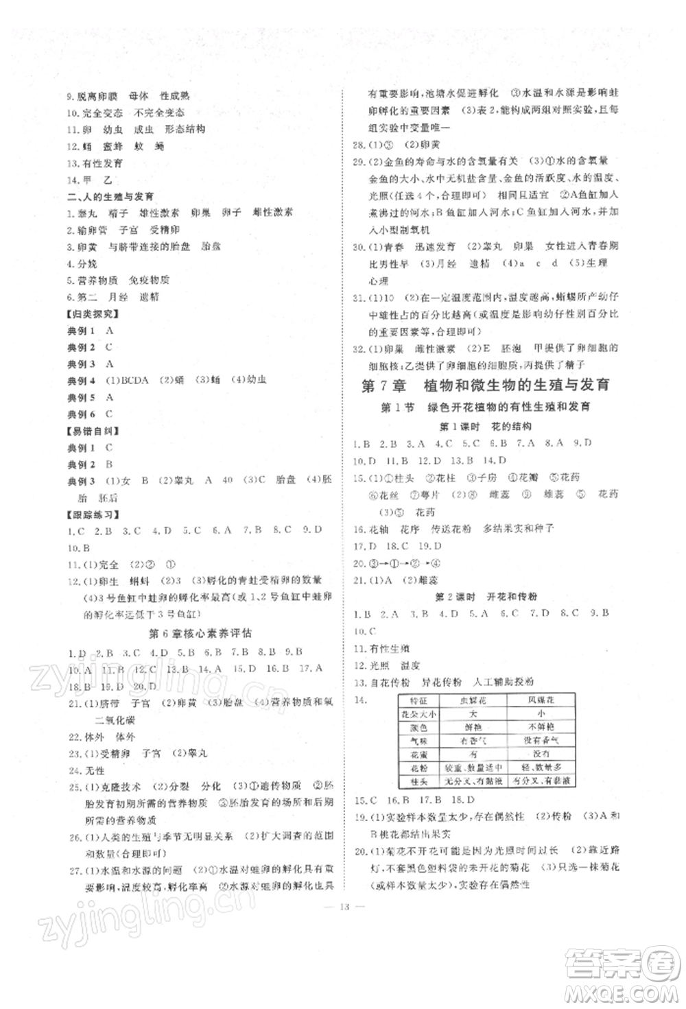 光明日報(bào)出版社2022全效學(xué)習(xí)校本教程七年級下冊科學(xué)華師大版精華版參考答案