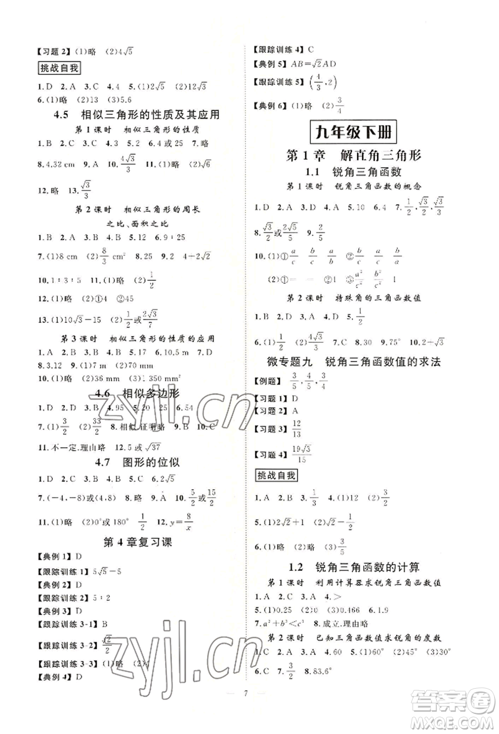 光明日報出版社2022全效學(xué)習(xí)九年級數(shù)學(xué)浙教版精華版參考答案