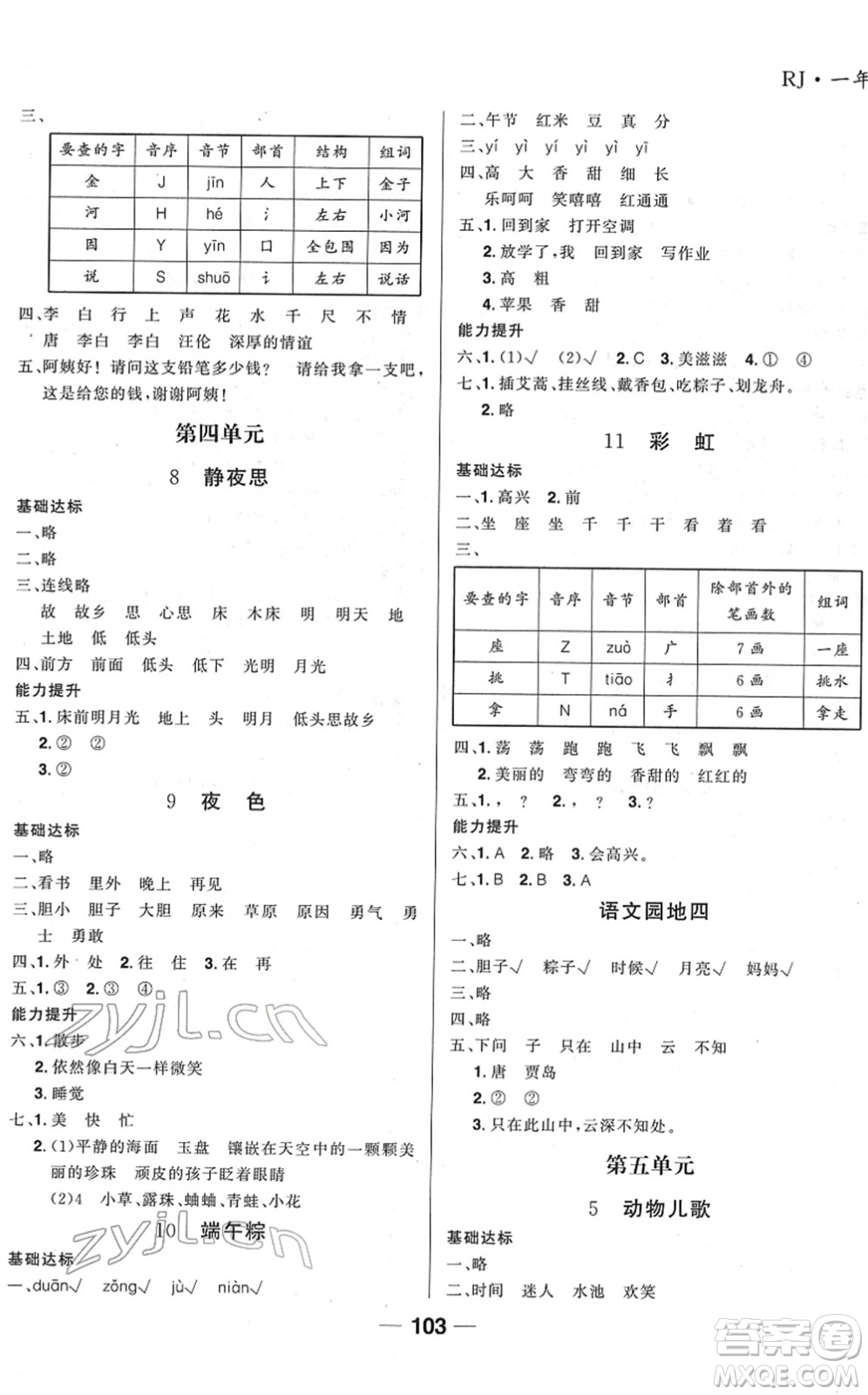 吉林教育出版社2022全優(yōu)學(xué)習(xí)達標(biāo)訓(xùn)練一年級語文下冊RJ人教版答案