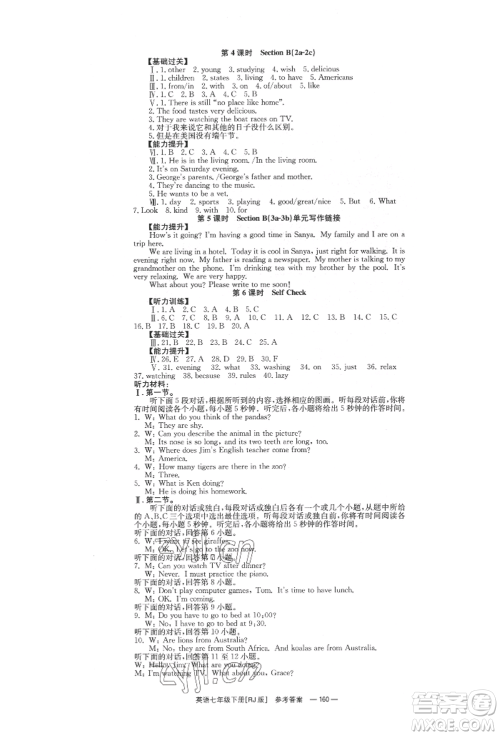 湖南教育出版社2022全效學(xué)習(xí)同步學(xué)練測七年級下冊英語人教版參考答案