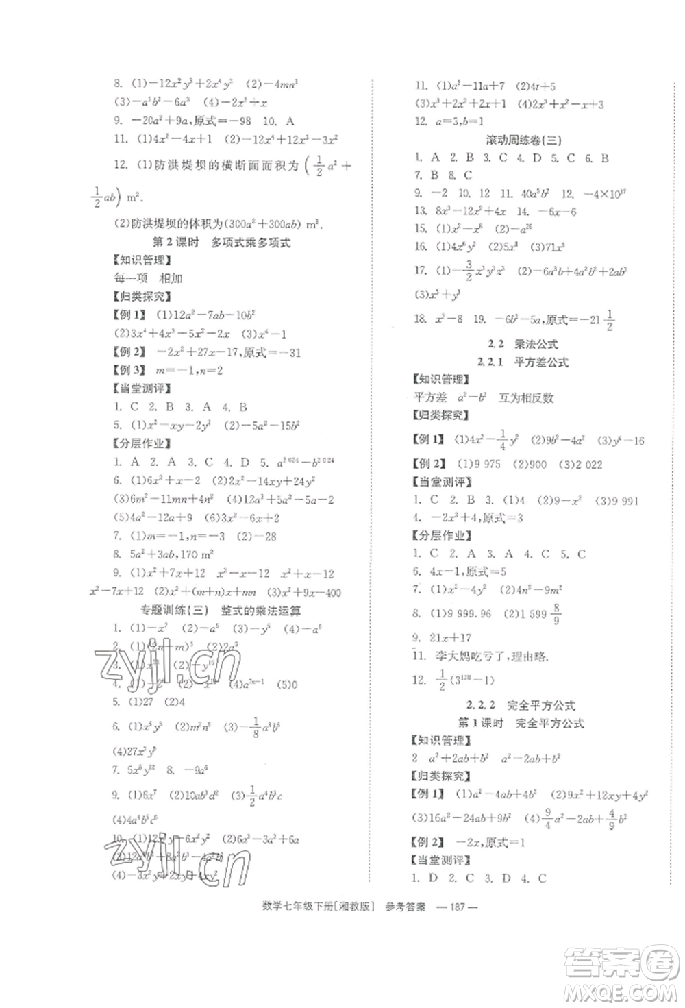 湖南教育出版社2022全效學(xué)習(xí)同步學(xué)練測七年級(jí)下冊數(shù)學(xué)湘教版參考答案