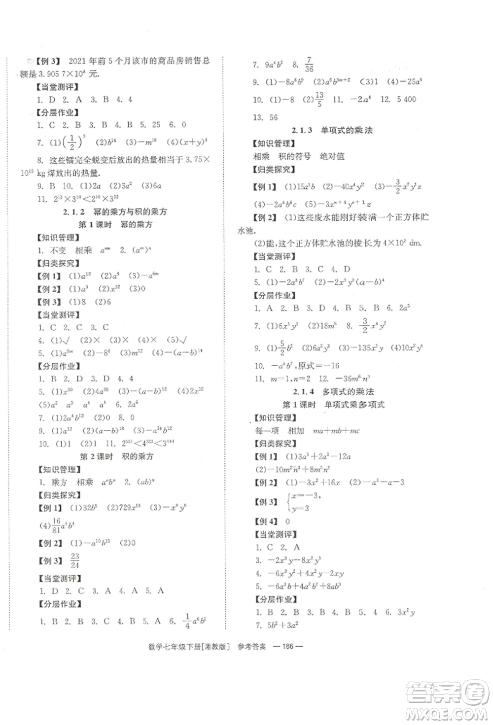 湖南教育出版社2022全效學(xué)習(xí)同步學(xué)練測七年級(jí)下冊數(shù)學(xué)湘教版參考答案