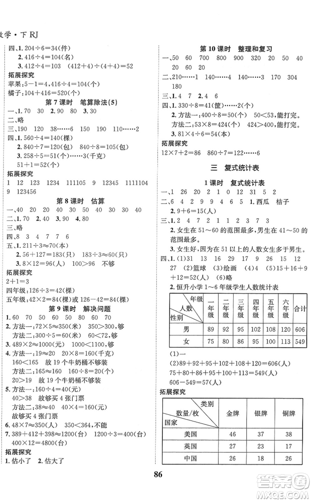 吉林教育出版社2022全優(yōu)學(xué)習達標訓(xùn)練三年級數(shù)學(xué)下冊RJ人教版答案