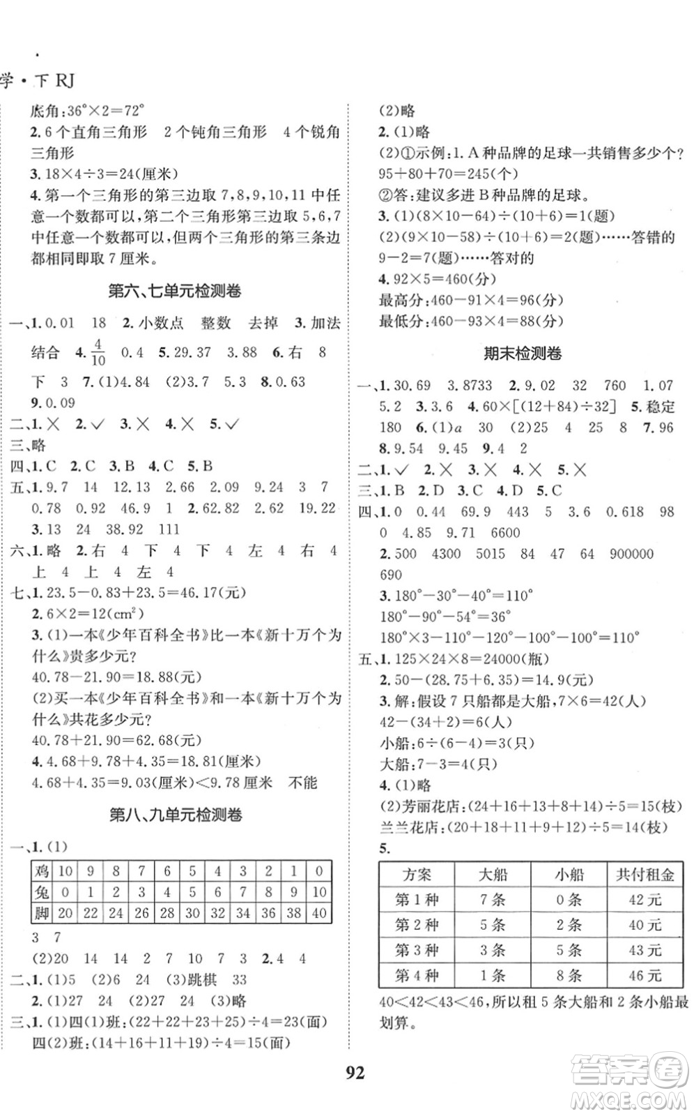 吉林教育出版社2022全優(yōu)學(xué)習(xí)達標(biāo)訓(xùn)練四年級數(shù)學(xué)下冊RJ人教版答案