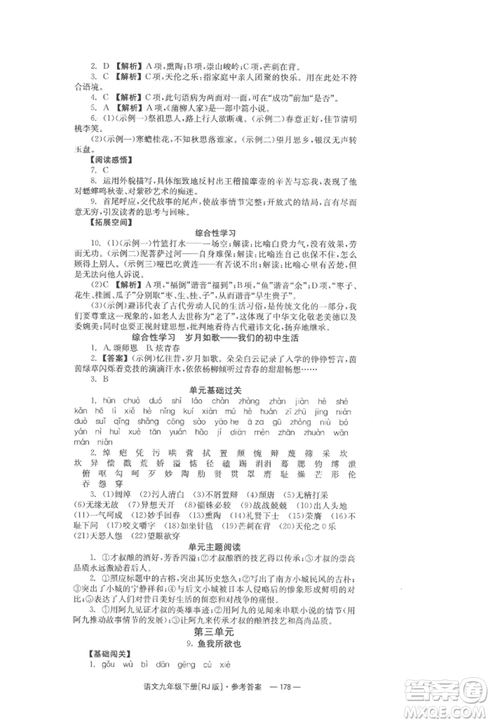 湖南教育出版社2022全效學(xué)習(xí)同步學(xué)練測(cè)九年級(jí)下冊(cè)語文人教版參考答案