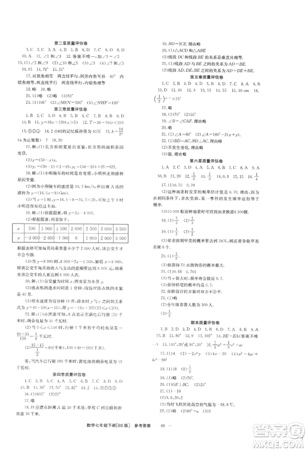 北京時(shí)代華文書(shū)局2022全效學(xué)習(xí)學(xué)業(yè)評(píng)價(jià)方案七年級(jí)下冊(cè)數(shù)學(xué)北師大版參考答案