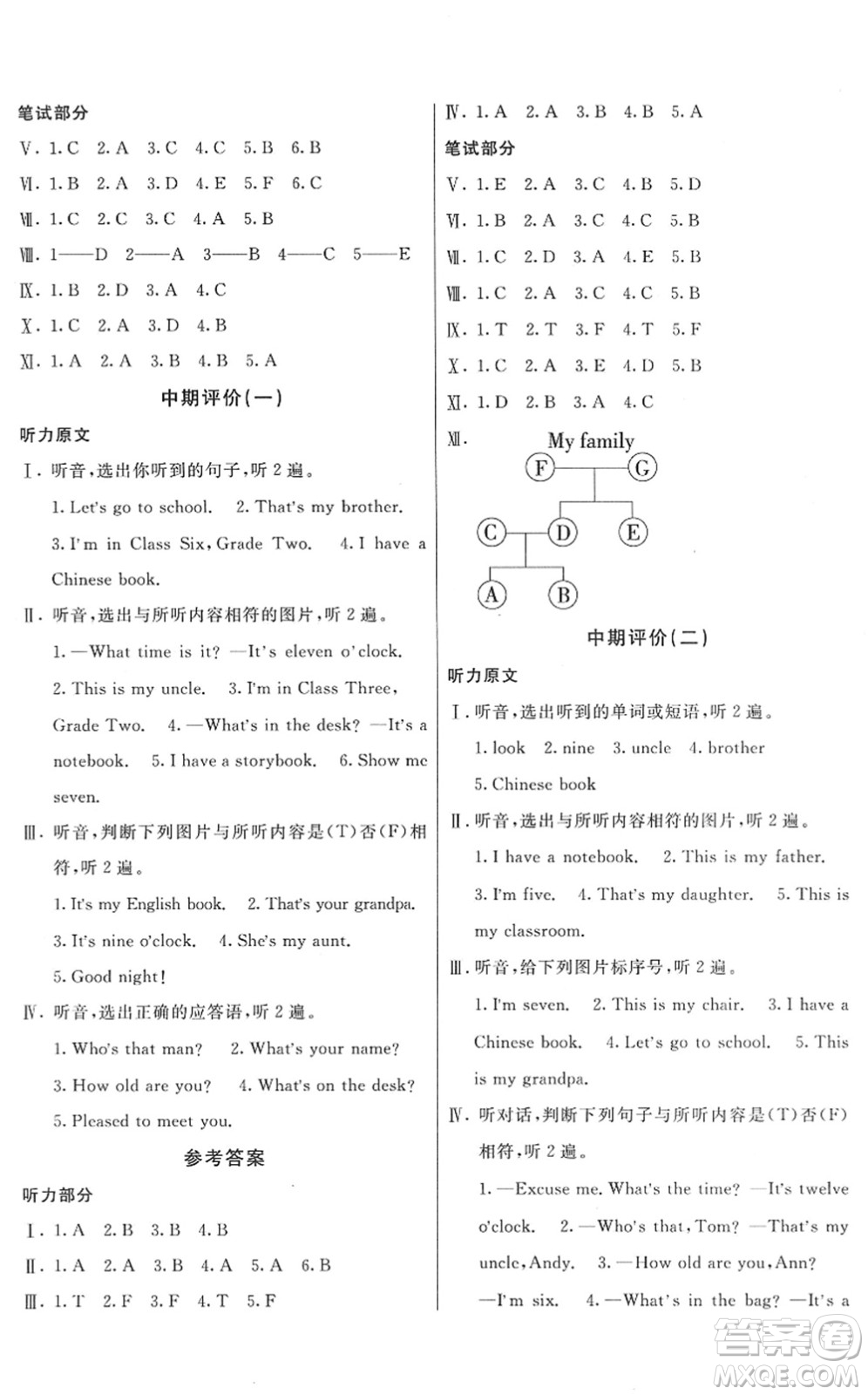 新疆青少年出版社2022優(yōu)學1+1評價與測試三年級英語下冊人教版答案