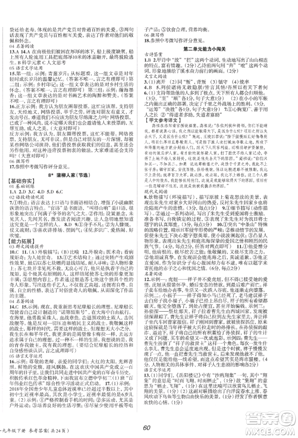 北京時(shí)代華文書局2022全效學(xué)習(xí)學(xué)業(yè)評(píng)價(jià)方案九年級(jí)下冊(cè)語(yǔ)文人教版參考答案