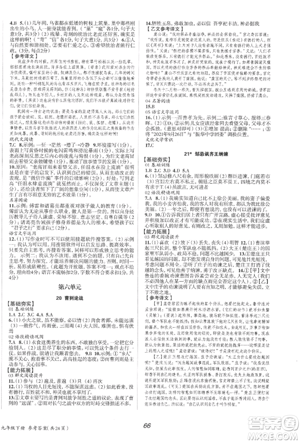 北京時(shí)代華文書局2022全效學(xué)習(xí)學(xué)業(yè)評(píng)價(jià)方案九年級(jí)下冊(cè)語(yǔ)文人教版參考答案