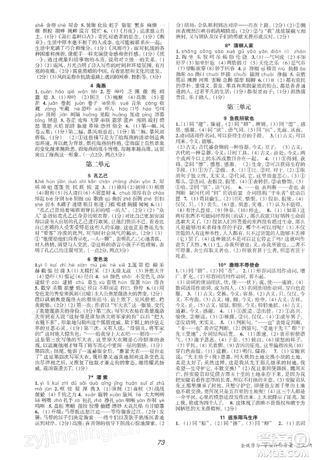 北京時(shí)代華文書局2022全效學(xué)習(xí)學(xué)業(yè)評(píng)價(jià)方案九年級(jí)下冊(cè)語(yǔ)文人教版參考答案