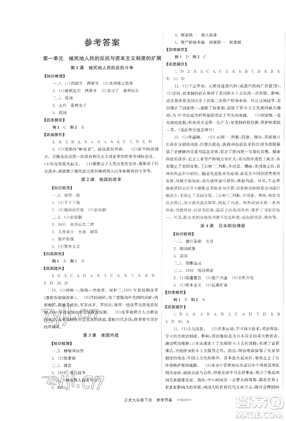 北京時(shí)代華文書(shū)局2022全效學(xué)習(xí)學(xué)業(yè)評(píng)價(jià)方案九年級(jí)下冊(cè)世界歷史人教版參考答案