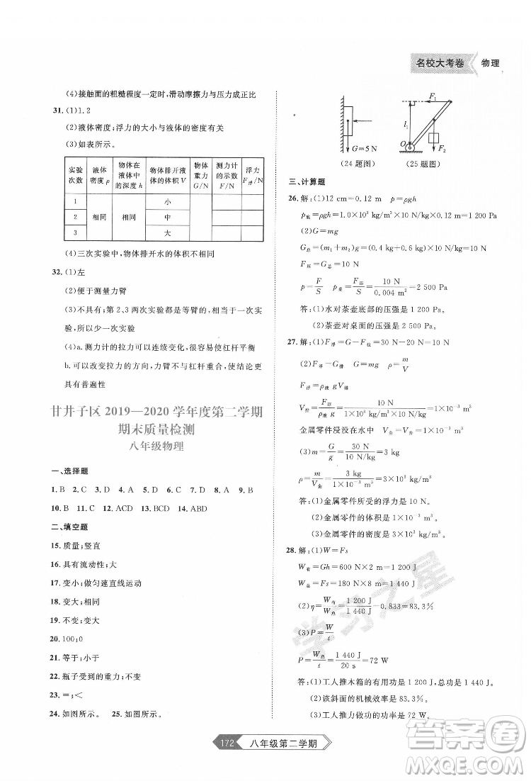 延邊大學(xué)出版社2022名校大考卷物理八年級下冊人教版大連專版答案