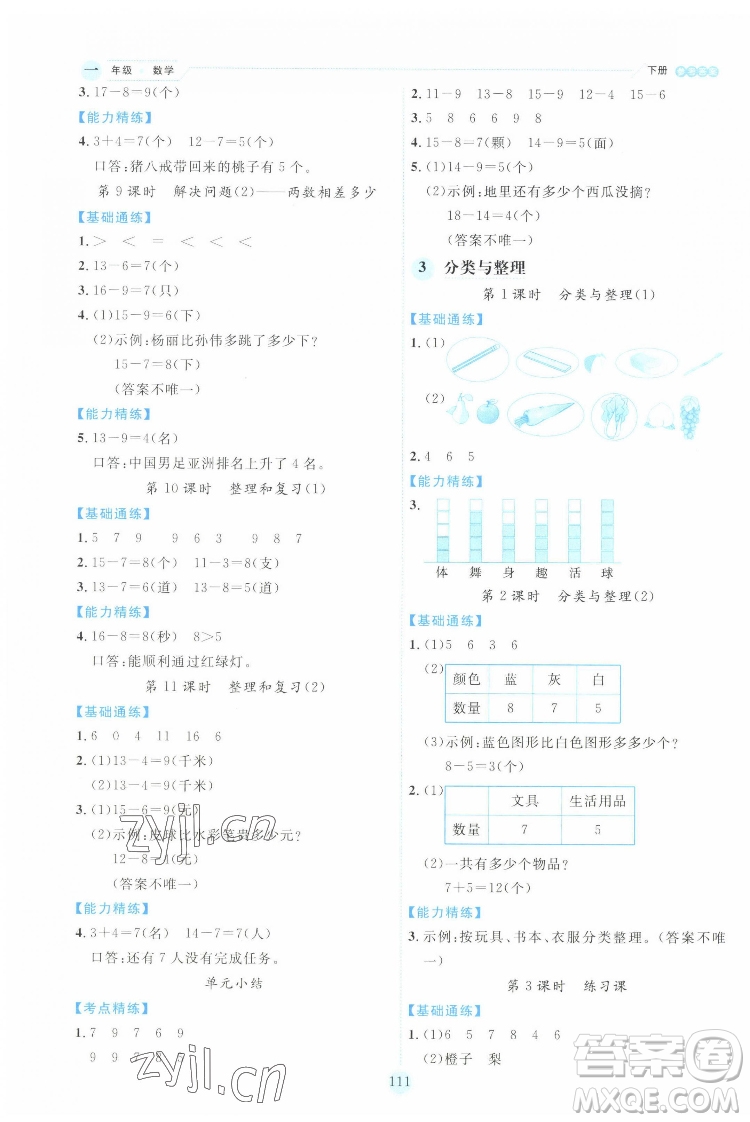 延邊人民出版社2022優(yōu)秀生作業(yè)本數(shù)學(xué)一年級下冊人教版參考答案