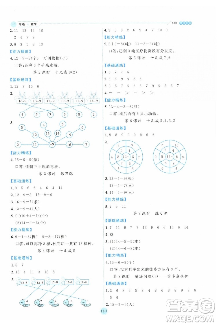 延邊人民出版社2022優(yōu)秀生作業(yè)本數(shù)學(xué)一年級下冊人教版參考答案