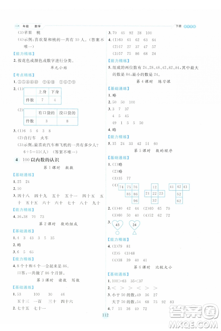 延邊人民出版社2022優(yōu)秀生作業(yè)本數(shù)學(xué)一年級下冊人教版參考答案