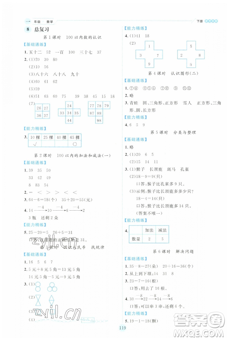 延邊人民出版社2022優(yōu)秀生作業(yè)本數(shù)學(xué)一年級下冊人教版參考答案