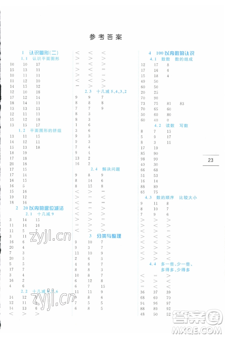 延邊人民出版社2022優(yōu)秀生作業(yè)本數(shù)學(xué)一年級下冊人教版參考答案