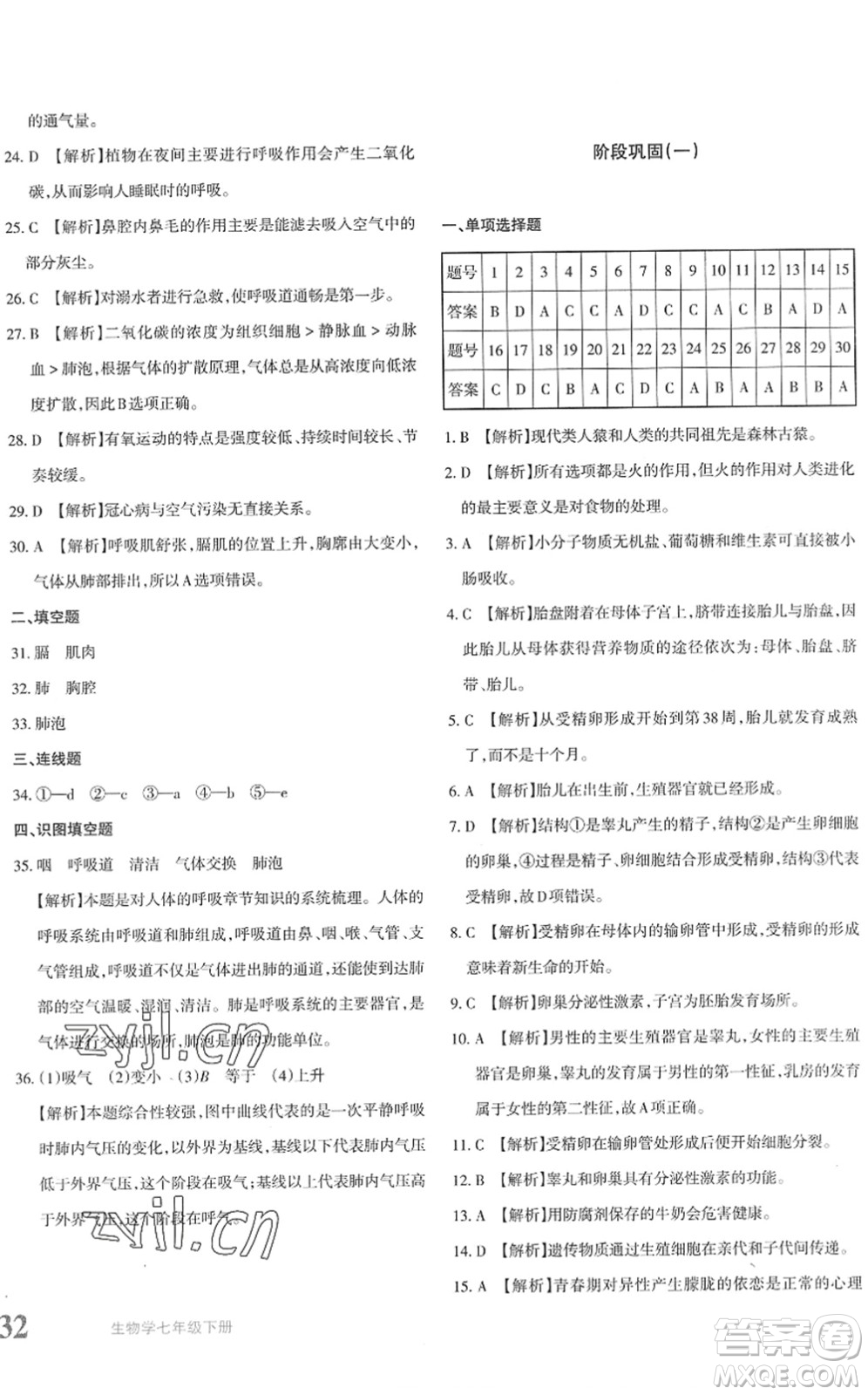 新疆青少年出版社2022優(yōu)學(xué)1+1評價與測試七年級生物下冊人教版答案