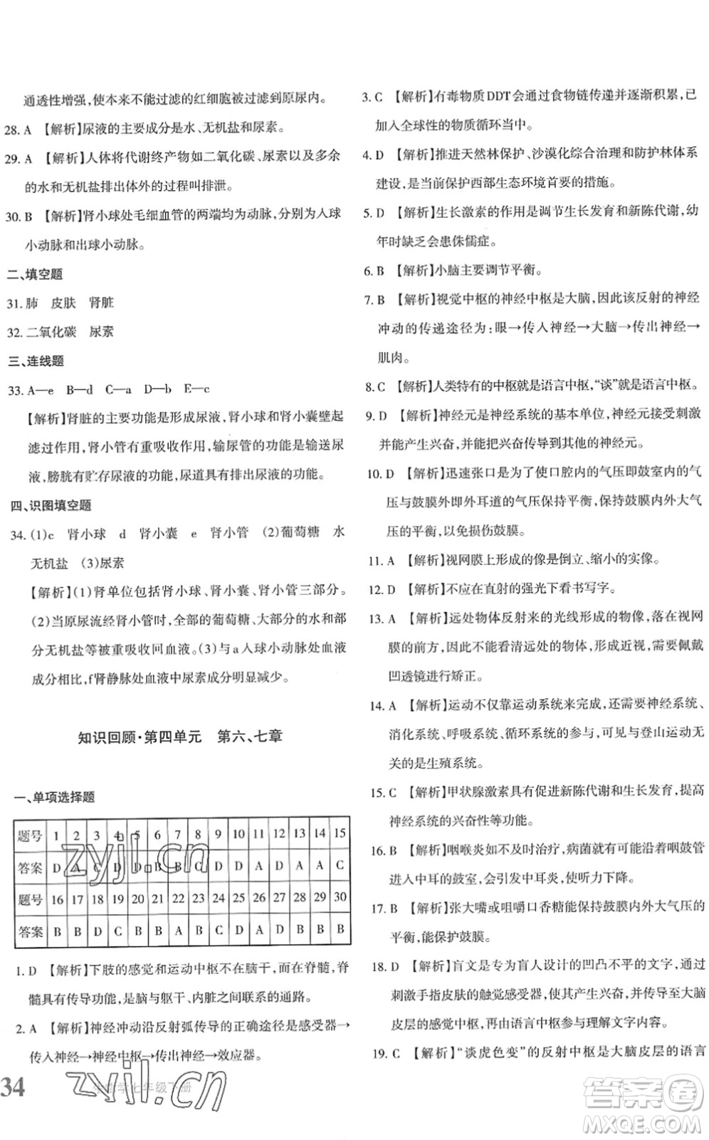 新疆青少年出版社2022優(yōu)學(xué)1+1評價與測試七年級生物下冊人教版答案