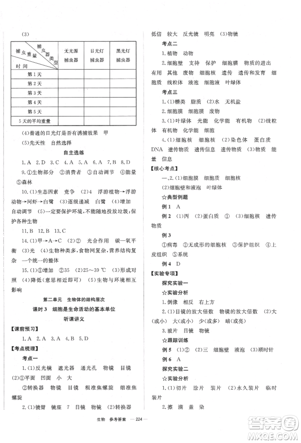 湖南師范大學(xué)出版社2022全效學(xué)習(xí)中考學(xué)練測(cè)聽(tīng)課講義生物通用版參考答案