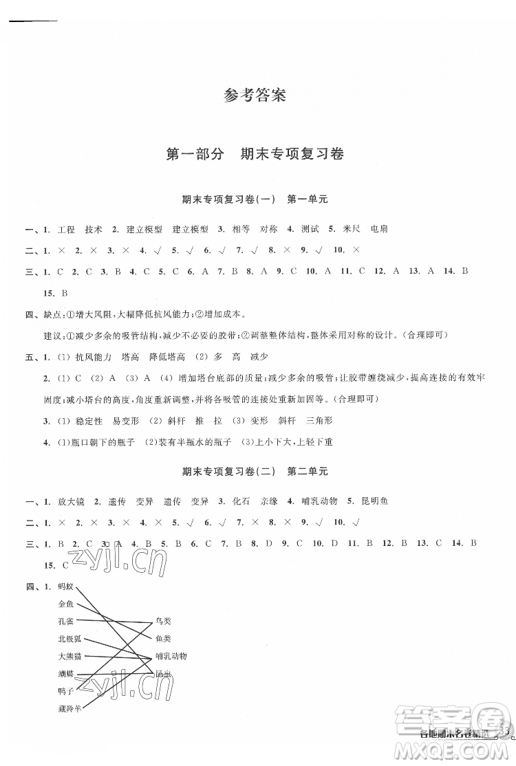 浙江教育出版社2022各地期末名卷精選科學(xué)六年級(jí)下冊(cè)教科版答案